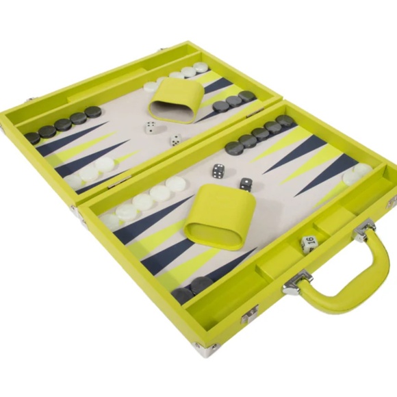 Ellen Backgammon Set Lime Vegan Leather Case Game By Brouk & Co 15x10.5” NEW - Picture 2 of 8